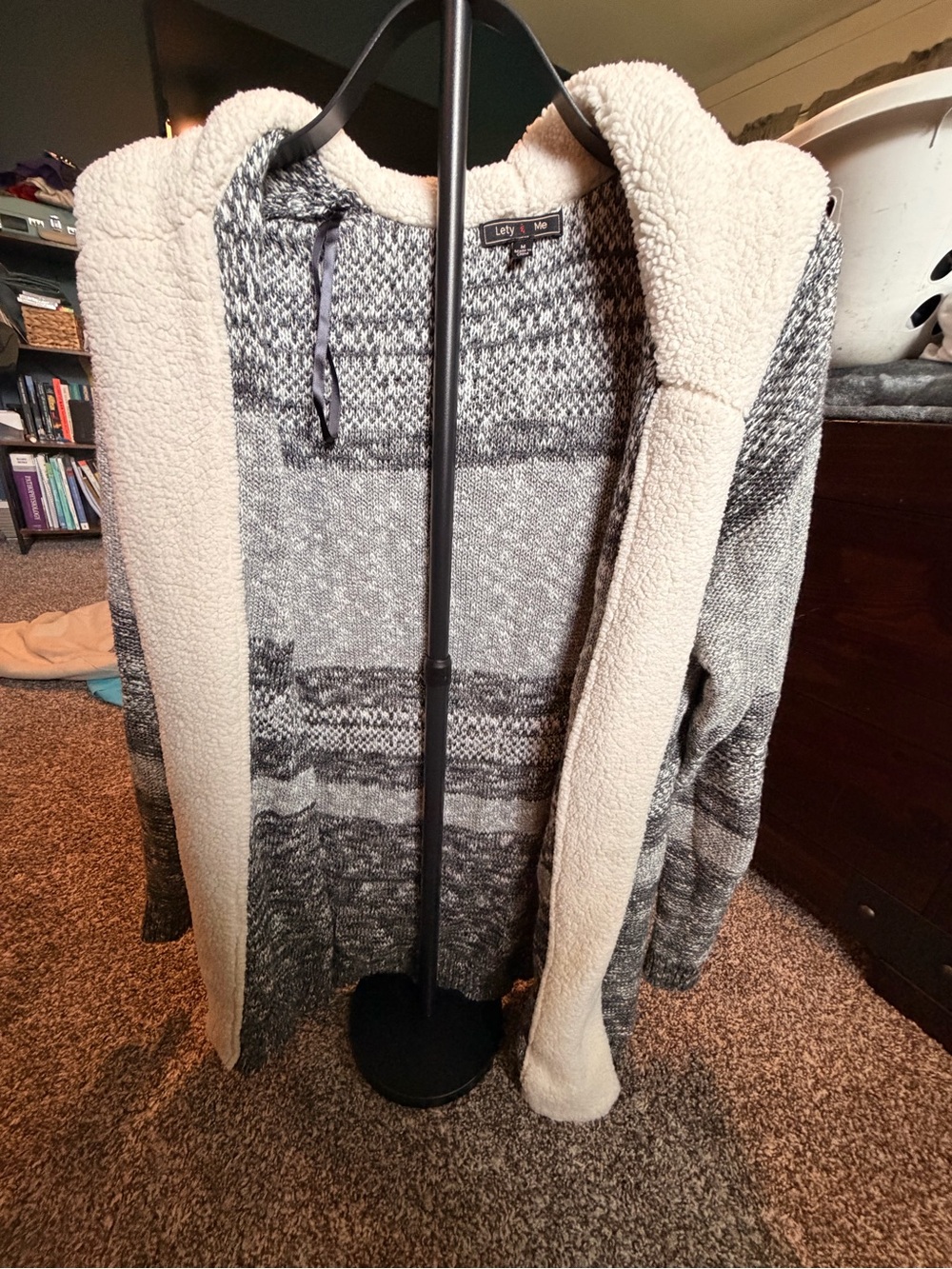 Gray Patterned Hooded Women’s Sweater with Cream Sherpa Trim